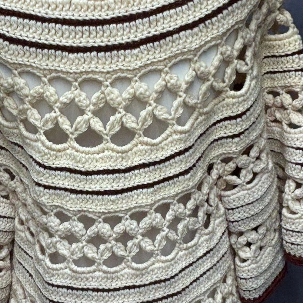 Vintage 60s One of a Kind Hand Crocheted Ivory with Brown Trim Sweater Jacket - Picture 9 of 9